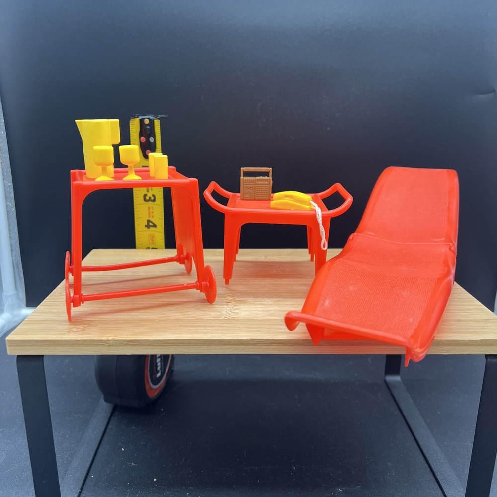 VTG 1980 Mattel Barbie Dream Patio Recliner Chaise Lounge Cart Orange W Accessor